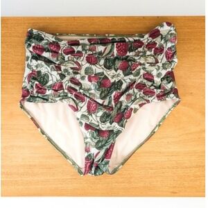 Kortni Jeane Raspberry Botanical Print High Waisted Ruched Bikini Bottoms Medium